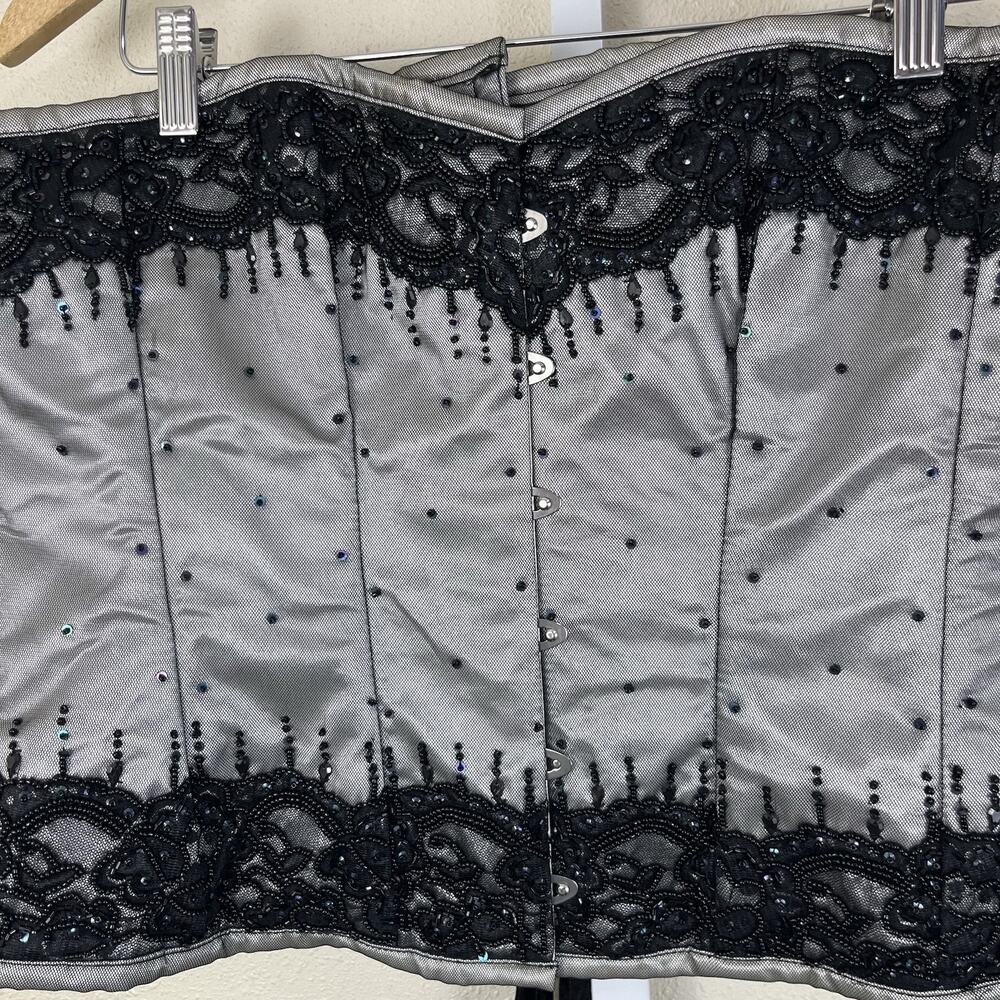 Corset Story Silver Beaded Lace Corset Size 38 Steel Boning Satin Lacing $299 - Picture 3 of 6